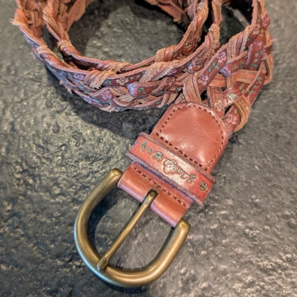 FOSSIL Leather Belt Floral Braided Brown Women SZ S